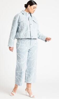 Eloquii Embroidered Distressed Denim Jacket & Wide Leg Cropped Jean size 24